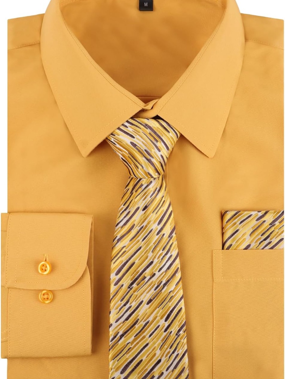 Alizeal Men's Mustard Dress Shirt with Patterned Tie and Pocket Square